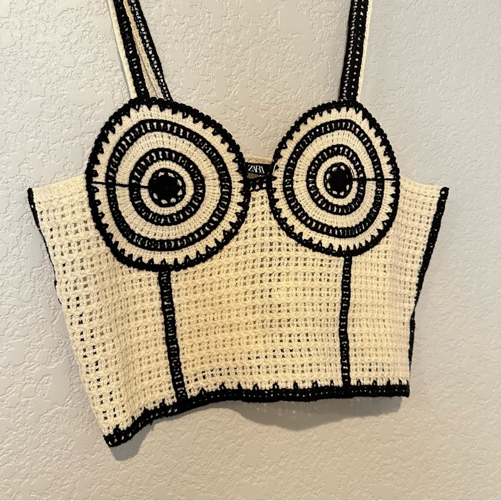 New Zara Crochet Corset Cream Black Top 1014/804 Medium Large - Picture 6 of 9